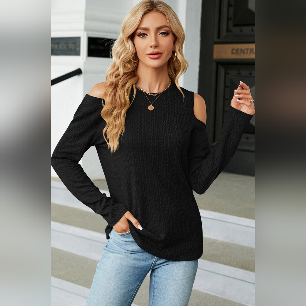 Women's Black Round Neck Cold Shoulder T-Shirt Top